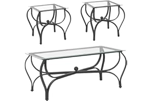 YM SKY Tempered Glass Coffee Table Set of 3: Industrial Farmhouse Rectangle Table with 2 Square End Side Table - Modern Metal Frame Living Room Tables for Apartment Home Office