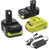 CELL9102 2Packs 18V Battery and Charger Combo for Ryobi 18-Volt Cordless Tools Battery and P118B Charger, 18V Battery Capacit