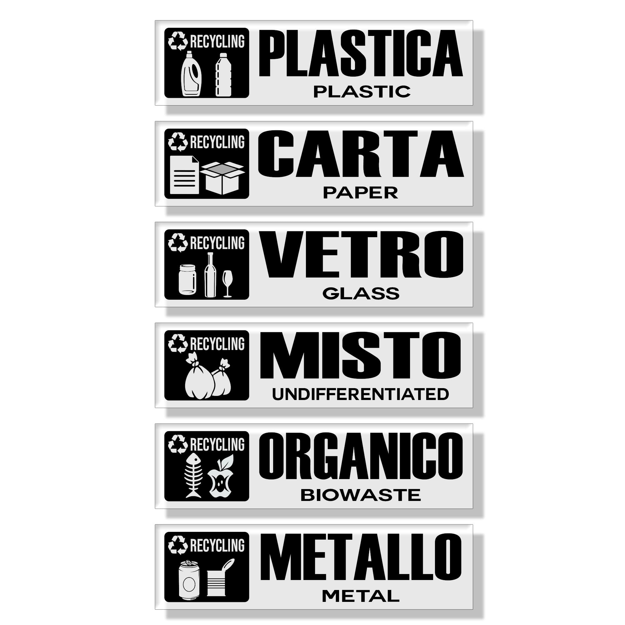 GamesMonkey® - Recycling Waste Recycling Stickers v5 - TRANSPARENT - Washable Waterproof Illustrated - Italian English - Compliant with UNI 11686 (15x4 cm, 6 Pieces)