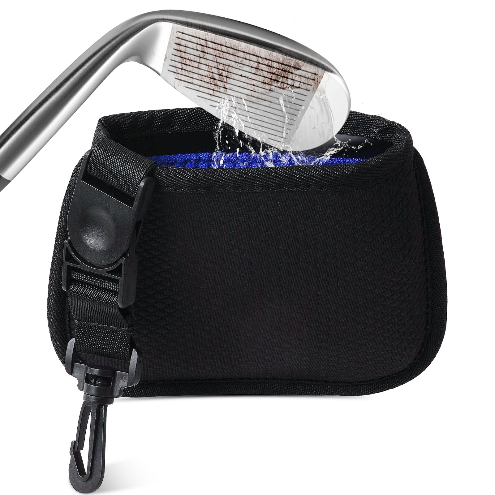 Golf Club Cleaner Golf Ball Cleaning Bag & Golf Cub Brush Portable Golf Club Scrub Waterproof Clean Face Technology Liner, Perfectly Dry Neoprene Exterior, Detachable Clip, Golf Bag Accessories
