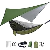 Camping Hammock with Rain Fly Tarp Mosquito Net Heavy Duty Tree Straps Portable Double Parachute Hammocks Tent Waterproof Rai