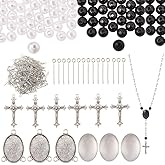 SUNNYCLUE 790Pcs DIY 6 Sets Rosary Making Kit Crucifix Charms Cross Charm Bezel Pendant Trays with Glass Dome White Imitation Pearl Beads Rosary Crosses for Women Men Memorial Gifts Holiday Supplies