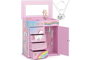 efubaby Jewelry Box for Girls 5-Layer with Swing Door Spinning Ballerina Unicorn &Castle Design Unicorn Jewelry Set Included Kids Music Box for Little Girls Birthday Christmas Gift (Pink & Blue)