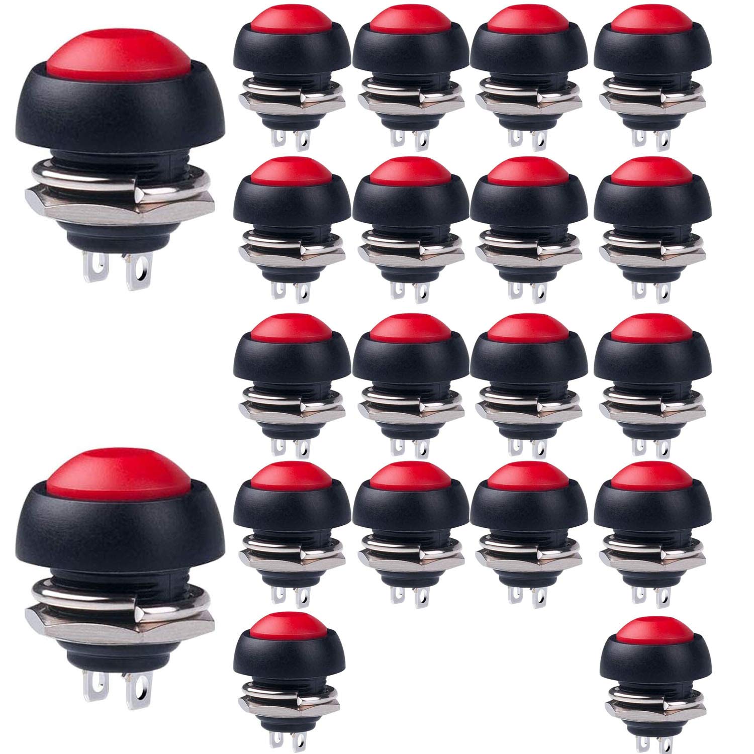 RUNCCI-YUN 20pcs 12mm Red Momentary Push Button SPST ON/OFF AC 250V/1.5A 125V/3A, Mini Round Button for Car Trumpet, PC, Table Lamp, Home Doorbell