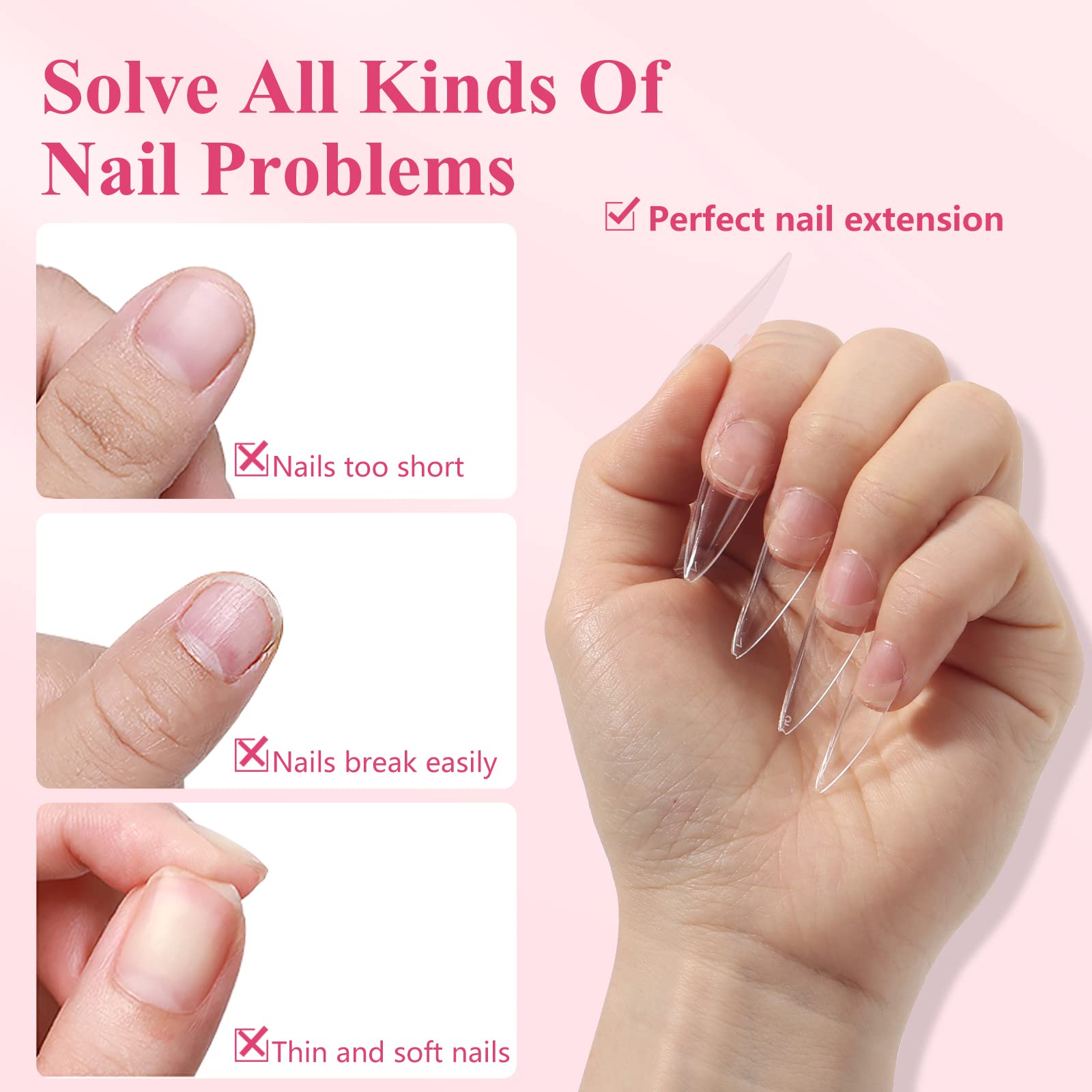 Quaferen Clear Stiletto Nail Tips, 500PCS Half Cover Soft Gel Nail Tips Medium Stiletto False Nails Almond Shape Curved Nail Tips for Acrylic Nails Salon Home DIY with Box 10Sizes - Image 3