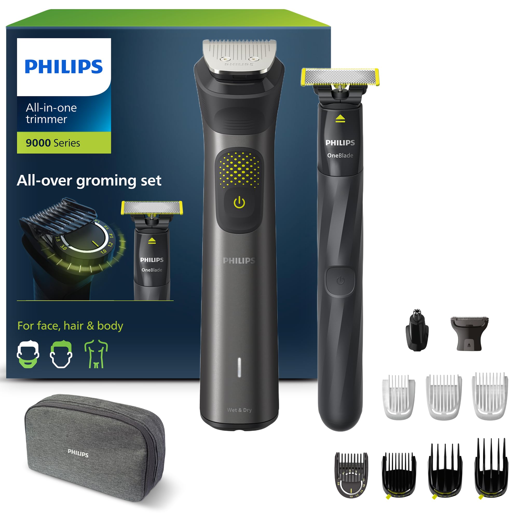 Philips Series 9000 13-in-one Trimmer + OneBlade, All-Over Grooming Set, Precise Trim, Sharp Edges, Convenient Shave, 27 Length Settings (0.2-20 mm) (Model MG9530/15)