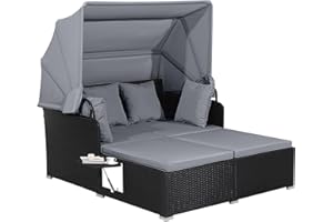 GENERIC Salches Outdoor Rattan Daybed with Retractable Canopy, High-Resilient Soft Cushions, Foldable Side Trays, Outdoor Bed Loveseat for Garden, Backyard, Porch (Gray)