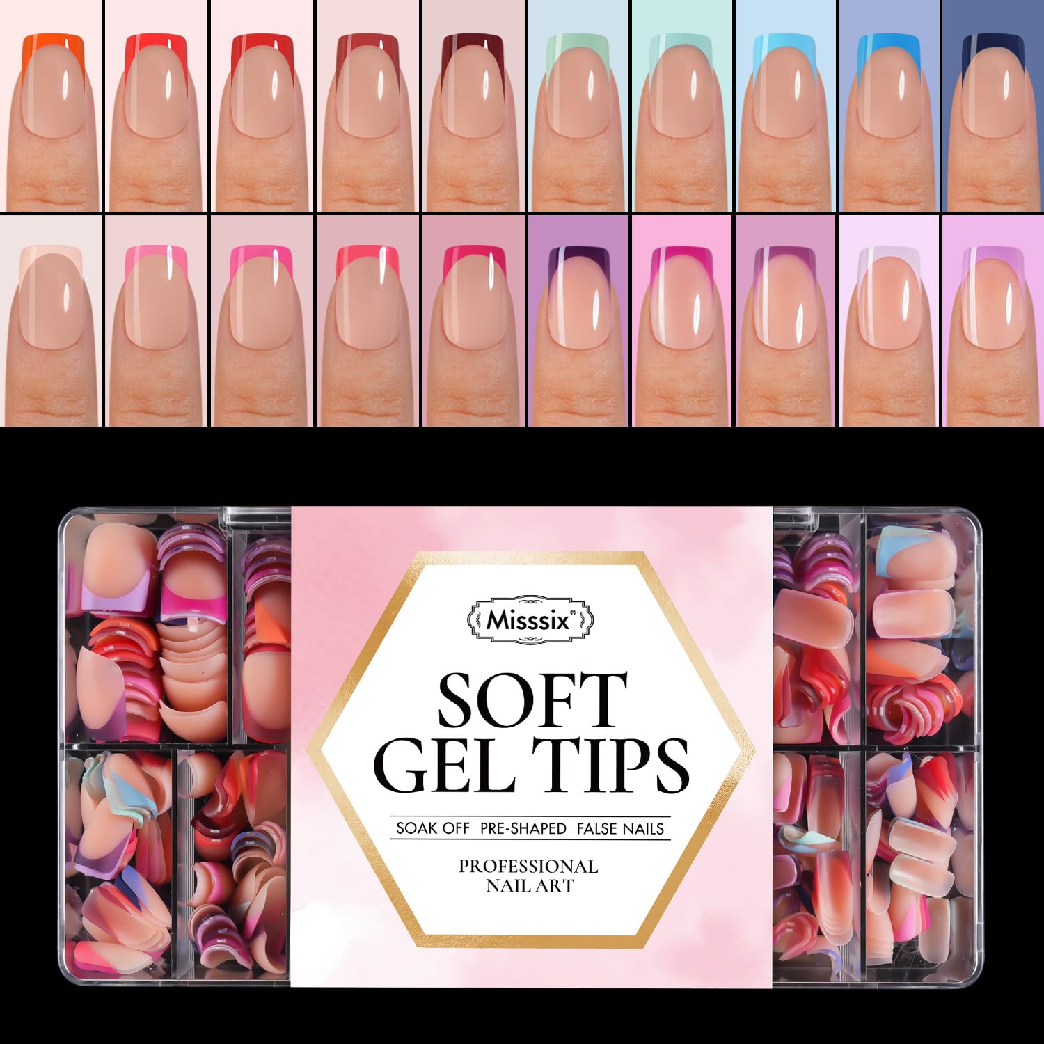 Photo 1 of Misssix XBASICTIPS French Tip Press On Nails, 600Pcs Short Square French Gel Nail Tips, Soft Gel Pre-shaped No Need to File 3 in 1 Tips, 20 Colors Fake Nails for Nail Art DIY 15 Sizes