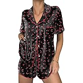 Ekouaer Womens Silk Satin Pajama Sets 2 Piece Button Down Silk Pjs Shorts Sets Cute Print Short Sleeve Sleepwear S-XXL