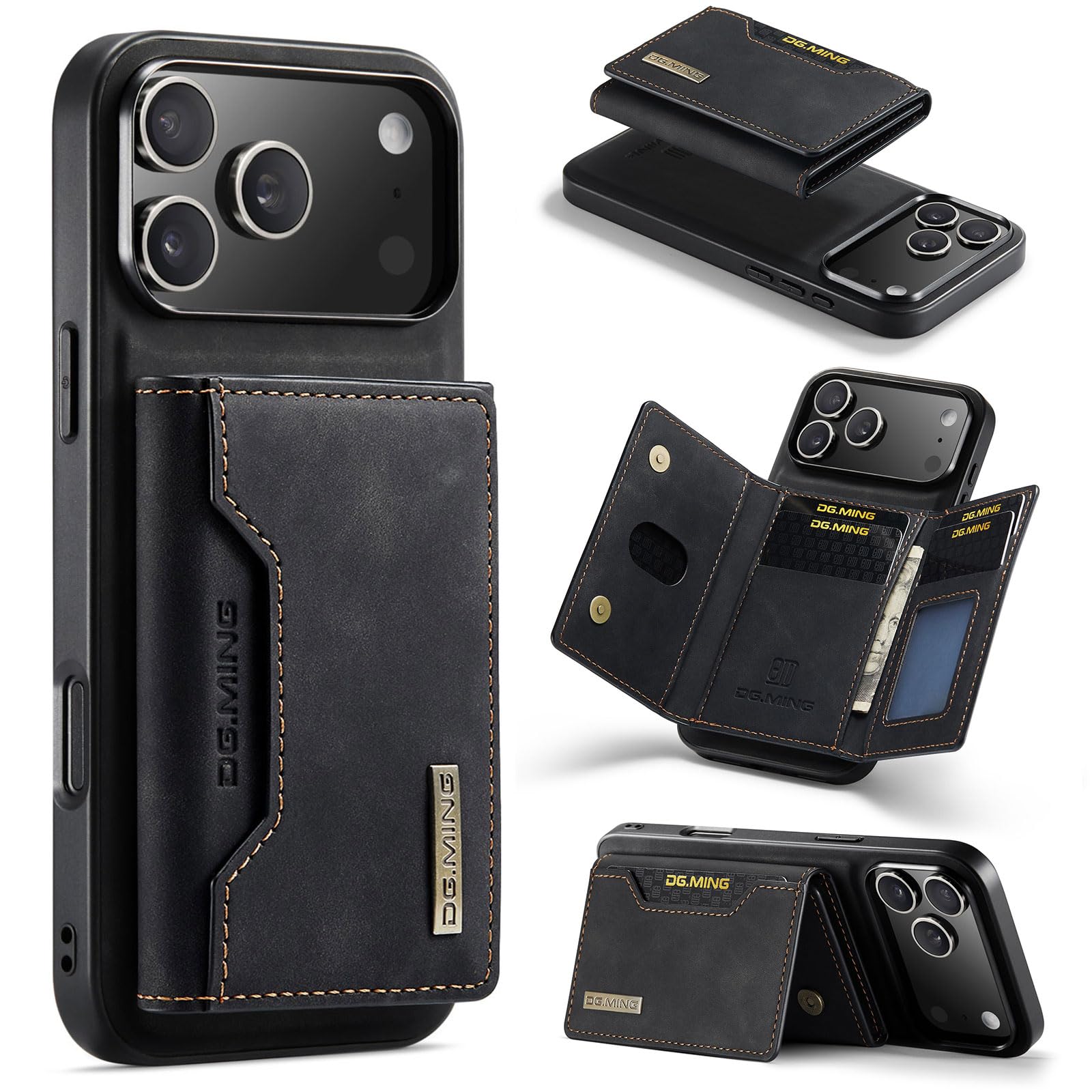 Photo 1 of 2 in 1 Wallet Case for iPhone 17 Pro Max, DG.MING Retro Leather Shockproof Protection Magnetic Back Cover with Detachable Trifold Wallet, 8-Slot Card Holder and Kickstand (Black)