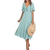 PRETTYGARDEN Summer Dress for Women 2026 Casual Short Sleeve Bow Tie V Neck Ruffle Midi Flowy Dresses