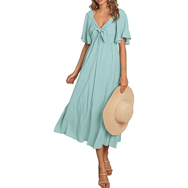 KUTUMAI Summer Maxi Dress For Women - V Neck, Short Sleeve, Bow Tie, Flowy Long Dress With Pockets, White - View #9