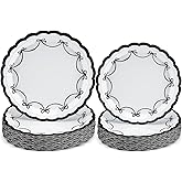 Yungyan 50 Pcs Black Bow Plates Scalloped Bowknot 7 and 9 Inch Black and White Paper Plates Disposable Tableware Coquette Party Decoration for Birthday Valentine's Day Wedding Bride Shower