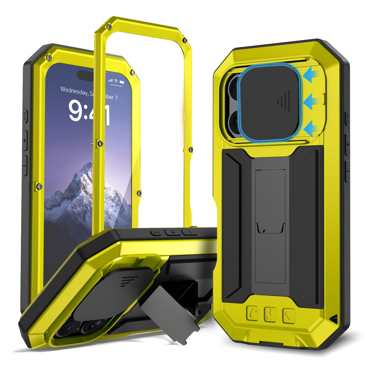 MIYIYQP Compatible for iPhone 16 Pro Max 5G Case, Aluminum Metal Gorilla Glass Shockproof Heavy Duty Sturdy Protector Cover Hard Case with Sliding Camera Cover & Screen Protector & Kickstand (Yellow)