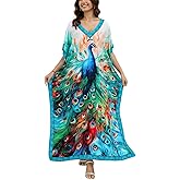 IMAGEKOPE Women's Plus Size Loose Fit Moroccan Print V-Neck Batwing Kaftan Beach Dress Bathing Suit Cover Up