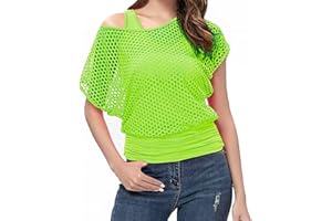 Women's Casual Sexy 80s 90s Outfits Neon Costumes Off Shoulder T-Shirt, Fishnet Mesh Crop Tank Tops