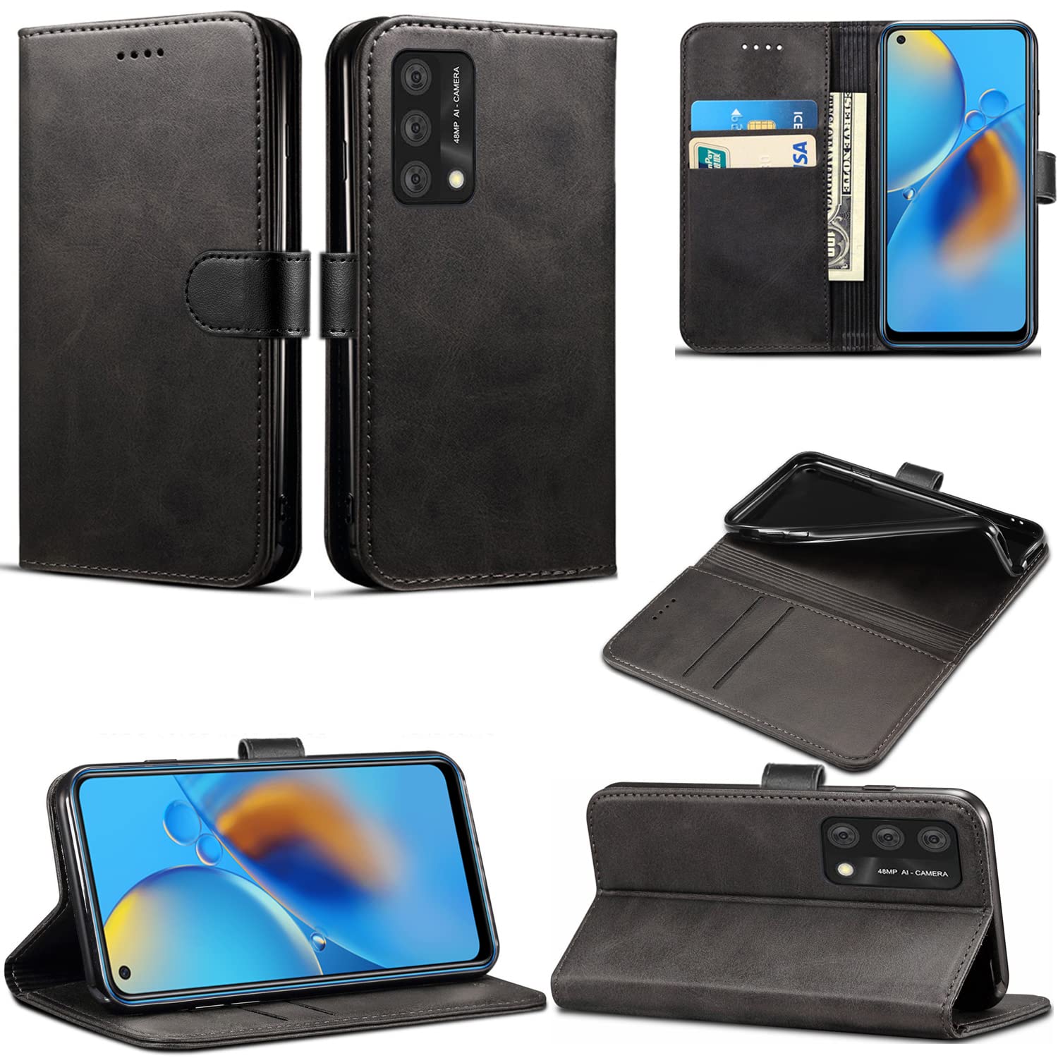 OPPO A74 4G / OPPO F19 Case Case, Wallet Case Magnetic Flip Leather Cover With Card Slots and Stand Feature Compatible with OPPO A74 4G / F19 (6.43 inch) (Black)