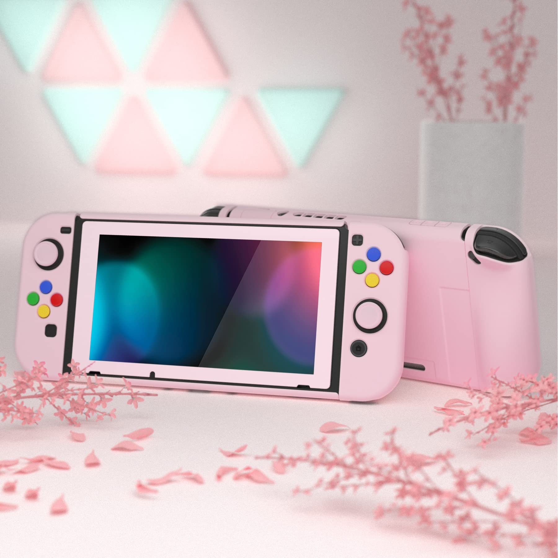 PlayVital AlterGrips Ergonomic Grips Cover for Nintendo Switch, [2 Design] Interchangeable Comfort Dockable Protective Case with Screen Protector & Thumb Grip Buttons Caps - Cherry Blossoms Pink