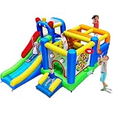 HuaKastro Bounce House - Inflatable Playground with Crossbar Obstacle on Large Bouncy Area, 1x Tall &amp; 1x Small Slide, Giant Dart Board, Climbing Wall - for Indoor Outdoor Kids Party Family Gatherings