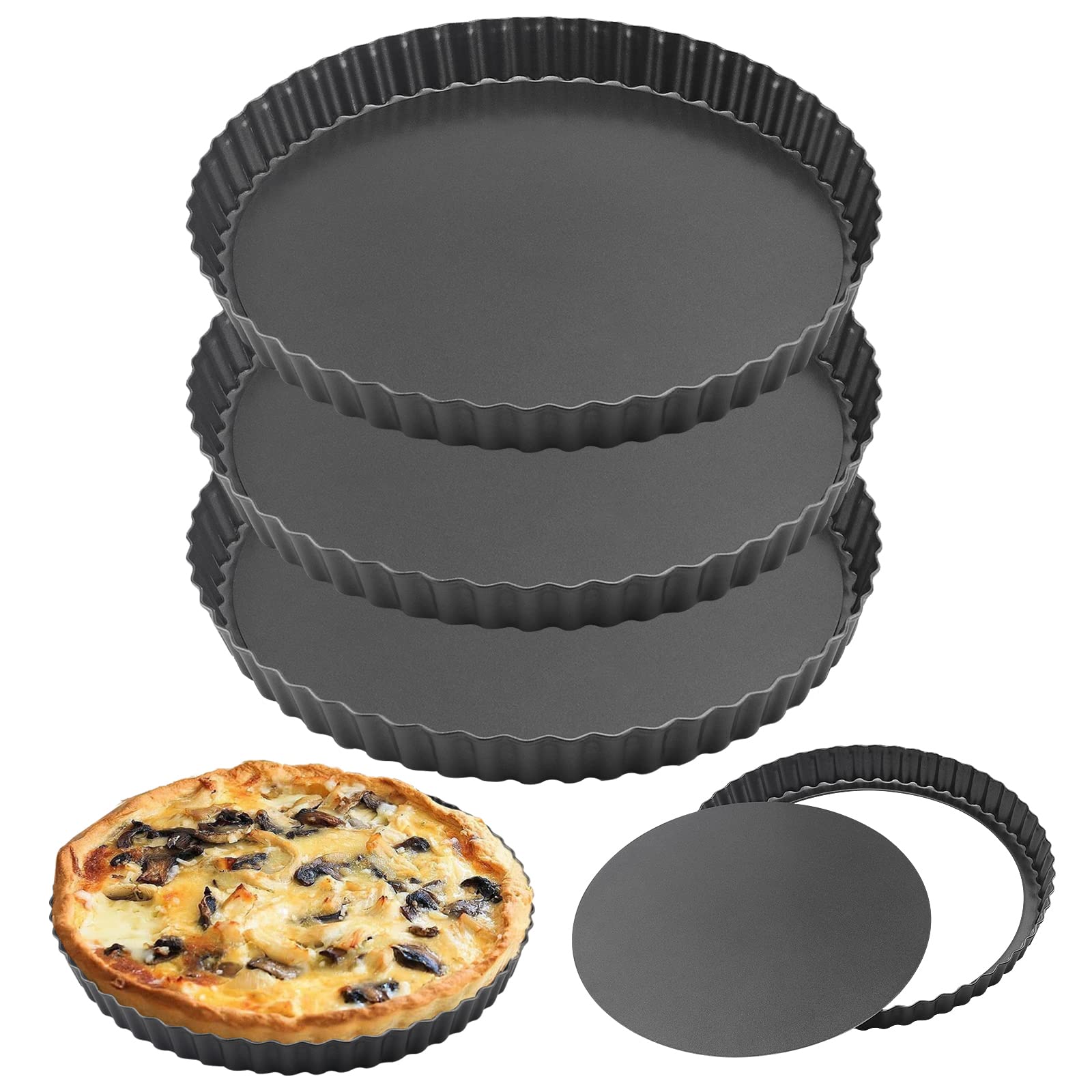 HAKZEON 3 Pack 10 Inch 25cm Non-Stick Quiche Tart Pan with Loose Bottom, Removable Quiche Dish Fluted Flan Tin for Baking Quiches, Pies, Flans, Cheese