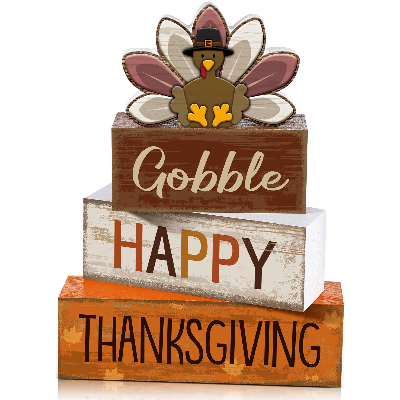 Photo 1 of Lineshading 4 Pcs Fall Decorations for Home Thanksgiving Tiered Tray Decor Fall Table Decor Thanksgiving Centerpiece Rustic Wooden Turkey Block Sign for Autumn Harvest Party Table Kitchen Shelf
