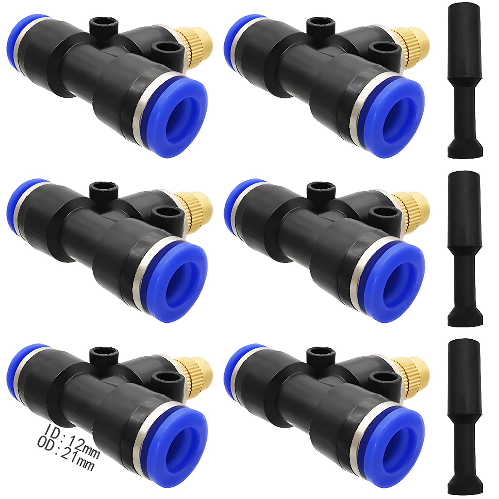 Adjustable Atomizing Nozzle, Dujelixa 6Pcs Brass Misting Nozzle Connect 12mm Quick Intubation Tube +3 Pcs Blocking Head for Vegetable Fields, Fence Spraying, dust Removal, Industrial Cooling, etc. — image 1