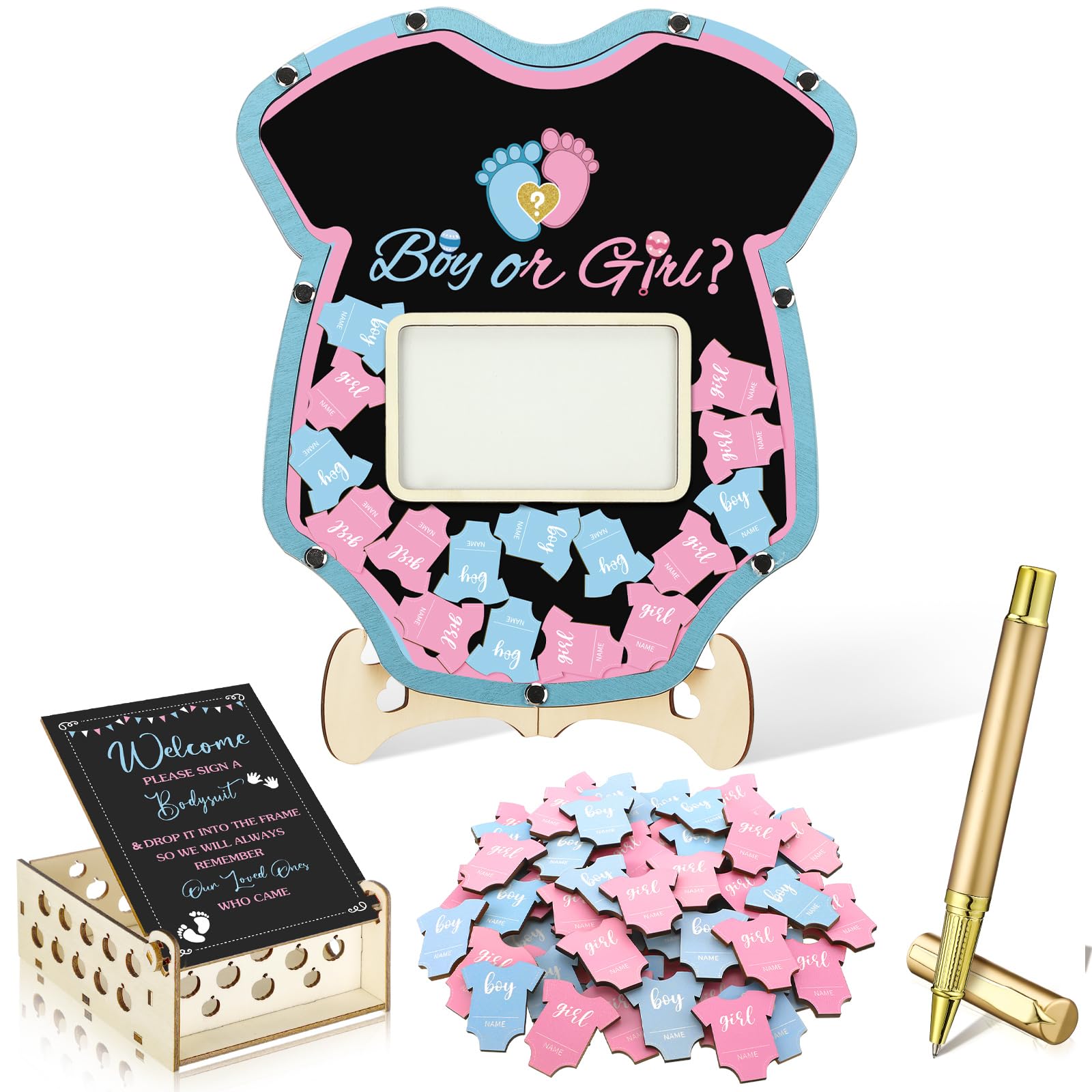 Photo 1 of Wenqik 63 Pcs Gender Reveal Baby Shower Guest Book Alternatives Set Baby Shower Decorations with Photo Frame Sonogram Frame Keepsake 60 Wood Slices Guest Book for Birthday