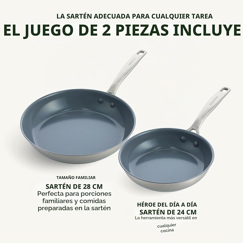Treviso Juego de 2 Sartenes de Cerámica Antiadherente Sana y Acero Inoxidable de 24 y 28 cm, Sin PFAS, Aptas para Inducción, Horno, Lavavajillas, Plata — foto 5 de 8
