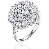 ENDLESSNESS & ETERNITY Large Sunflower Half Eternity Simulated Diamond 14K White Gold Plated Wedding Band Ring Cubic Zirconia Engagement Promise Ring Gift for Women
