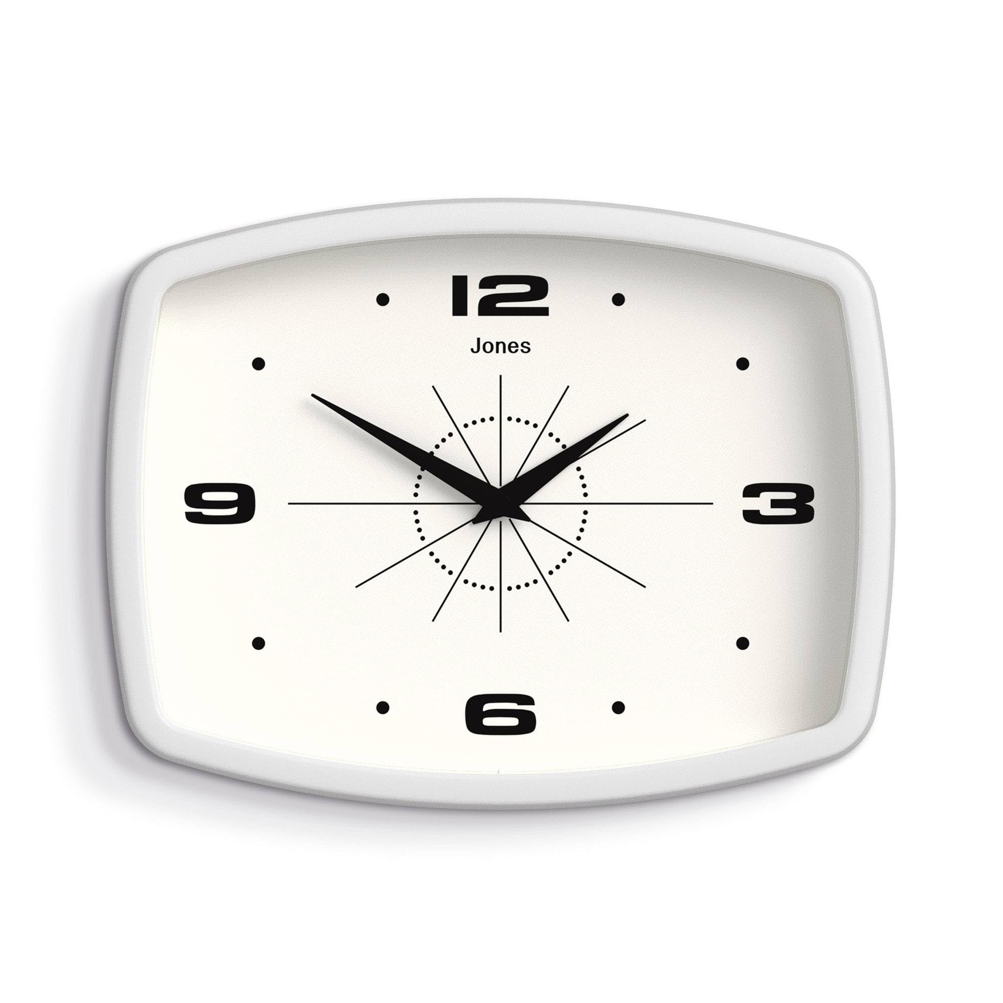 Jones Clocks® Movie wall clock | Retro rectangular clock | 25cm | White | Cool designer look for kitchen, living room or office