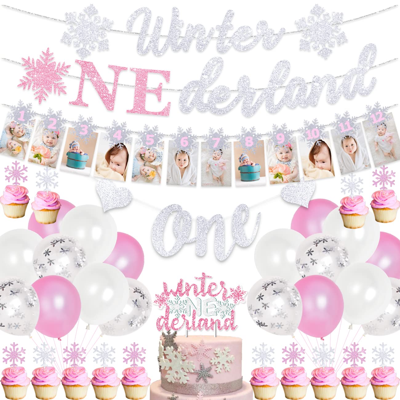 Jollyboom Winter Onederland 1st Birthday Decoraitons for Girls Pink Snowflake First Birthday Party Supplies Snowflake Photo Banner Onederland Banner Cake Topper Highchair Banner for Winter Party