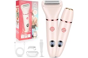 Karrte 2-in-1 Women Electric Shaver Dual Head Bikini Trimmer, Razors for Shaving Pubic Hair, Wet and Dry Cordless Painless Hair Removal for Private Area Pink