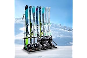 DOLEMODUO Ski Storage Rack, Freestanding Ski Holders for Home and Garage, 8 Pair Ski Storage Organizer for Snowboard, skis poles