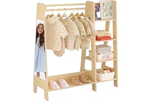 KIDSBUDDY Kids Dress Up Storage with Mirror, Kids Closet with 5 Hanger and Stickers, Opening Hanging Costume Closet Wardrobe for Boys and Girls