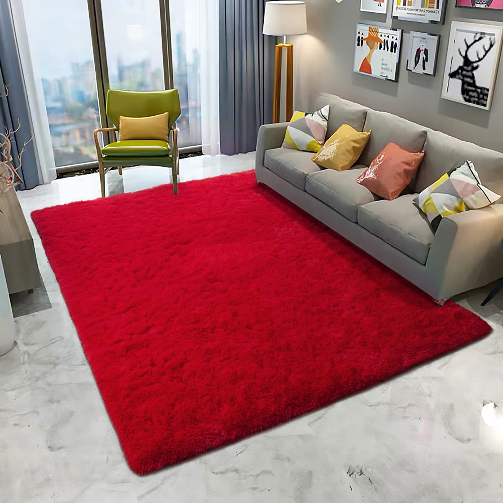 Photo 1 of DETUM Red Rug 6x9 Feet - Fluffy Red Area Rugs for Bedroom Shaggy 6' X 9' Living Room Rug Soft Rugs for Kids Room Non-Slip Nursery Office Dorm Washable Carpets Home Decor