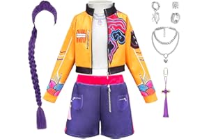 KSISUSH Demon Hunters Girls Cosplay Costume, 3-13 Years Kids Lining Jacket Shorts 3PCS Uniform Outfits with Wig