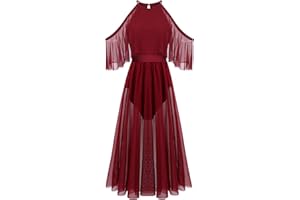 ODASDO Women Lyrical Dance Costume Shiny Criss Cross Spaghetti Strap Full Circle Mesh Tulle Long Dress with Brooch Pin