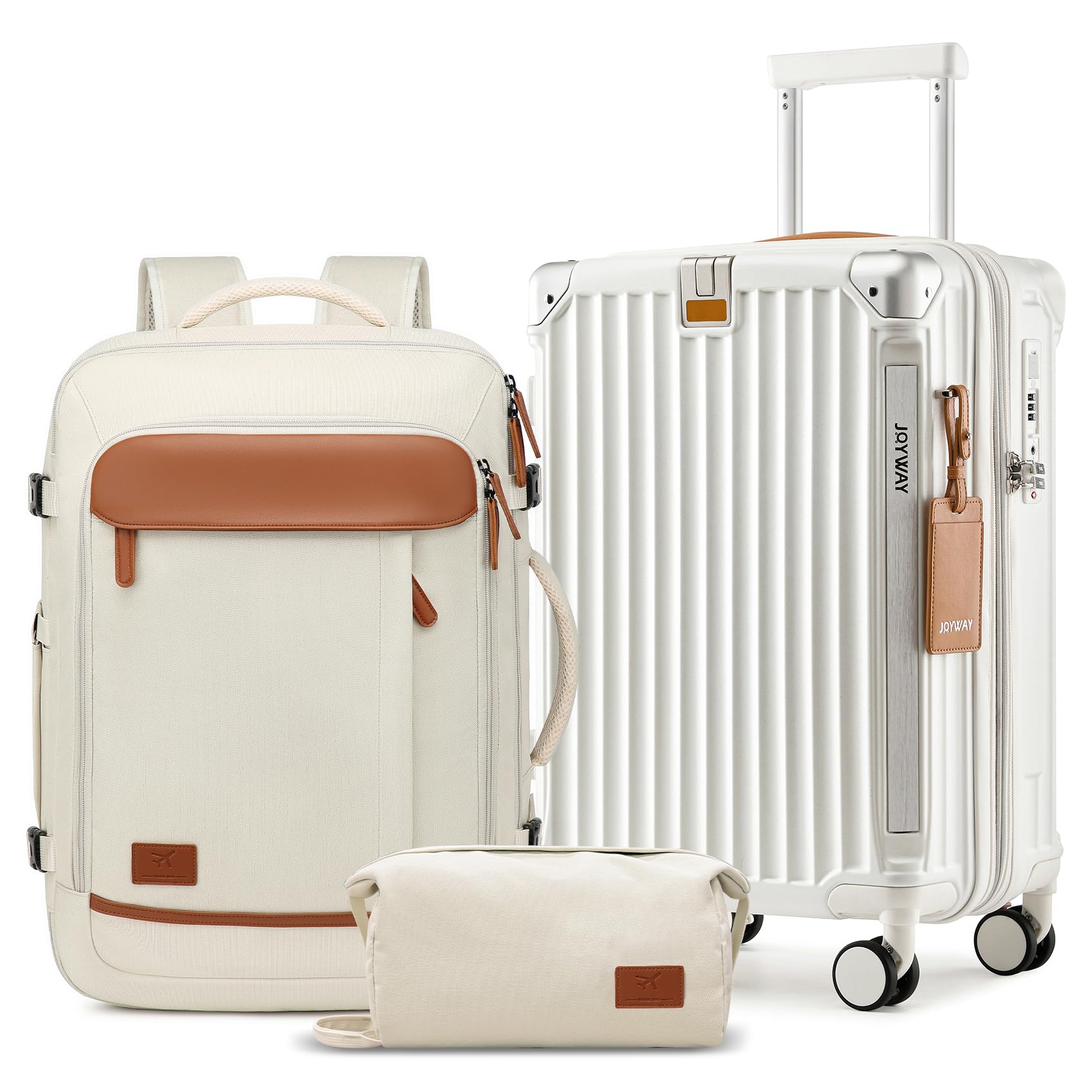 Photo 1 of Joyway 20in Carry On Luggage with Cup Holder and USB Port, 25% Expandable Capacity, Smart Suitcase with Anti Slip Wheels and Backpack, Perfect for Men and Women 3 Piece Set White