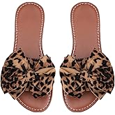 Verdusa Women's Leopard Print Bow Sandals Summer Vacation Open Toe Slip on Leather Sandals