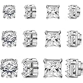 NEWITIN 6 Pairs Stainless Steel Magnetic Stud Earrings for Men Clip on Earring Magnetic Earring Unisex Non Piercing CZ Magnet Studs Diamond Earrings for Women Men