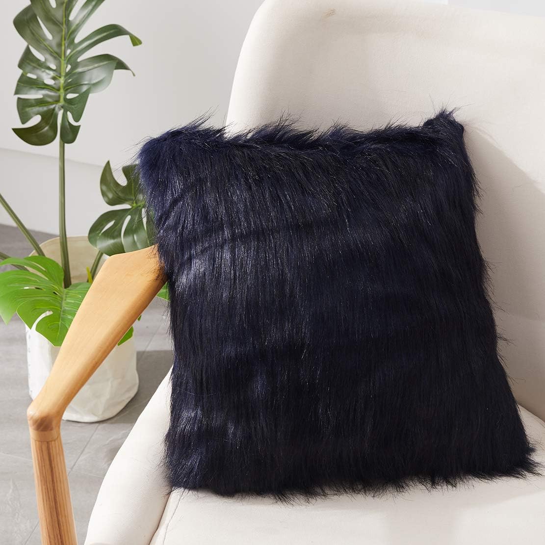 Decorative Navy Blue Faux Fur Cushion Cover with Brushed Black Tips, Plush Fuzzy Throw Pillow