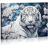 White Tiger Wall Art Animal Face Portrait Framed Canvas Print Wall Art Flower Teen Girls Art for Living Room Home Bedroom Decoration Modern Framed Artwork Decor Ready to Hang 12"x16"