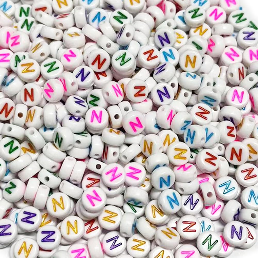 500PCS 4x7mm Acrylic Letter Beads N for Friendship Bracelets Jewelry Making, White Flat Round Acrylic with Colourful Alphabet Beads for DIY Crafts Bracelets Necklaces Key Chains Phone Lanyard