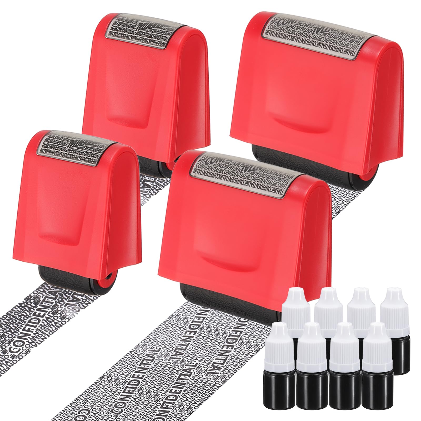 PATIKIL Identity Theft Protection Roller Stamp, 4Pcs 0.7/1.7" Confidential Roller Stamp Privacy ID Police Stamp Roller for Security ID Address with 8Pcs Refills, Red