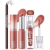 Noerrors 3Pcs Lip Combo Set, Lip Kit with Brown Plumping Lip Liner &amp; Nourishing Lipstick &amp; Nude Glossy Lip Gloss, Long-Lasting, Lightweight, Non-Sticky, Juicy Nude Pink Lip Contour Trio Set for Women