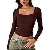 winkbay Women's Ruched Square Neck T Shirts Dressy Casual Long Sleeve Fitted Crop Tops