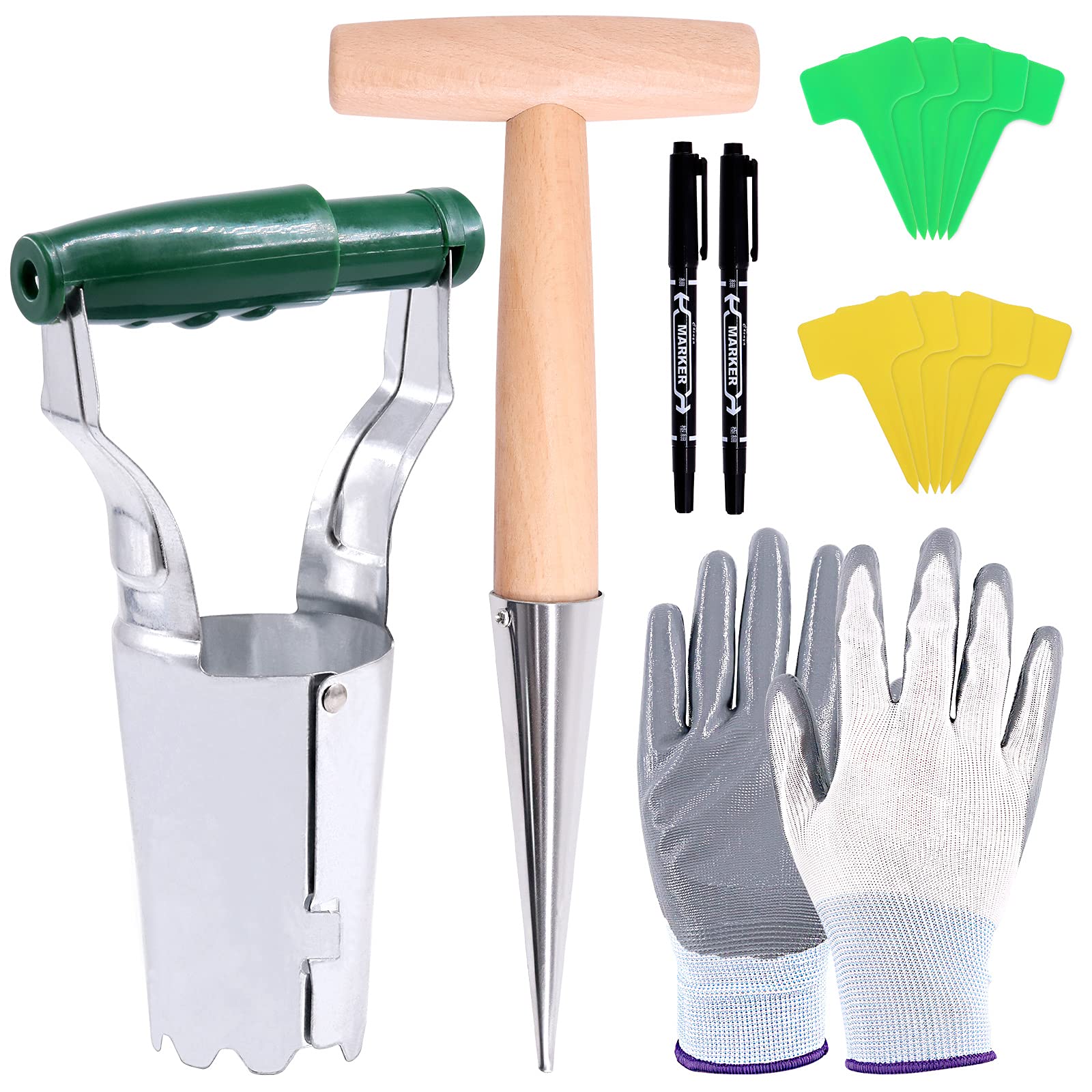 Wokape 106Pcs Bulb Planting Garden Tool Set, Includes 1Pc Bulb Planter, 1Pc Metal Planting Dibber, 100Pcs T- Tags, 1 Pair Gloves and 2Pcs Marker, Portable Hand Planter Kit for Garden Seedling