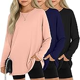 LessonZoo 3 Pack Girls Oversized Long Sleeve Shirts Kids Loose Fit Crewneck Tops Trendy Fall Casual Basic Tees 5-14 Years