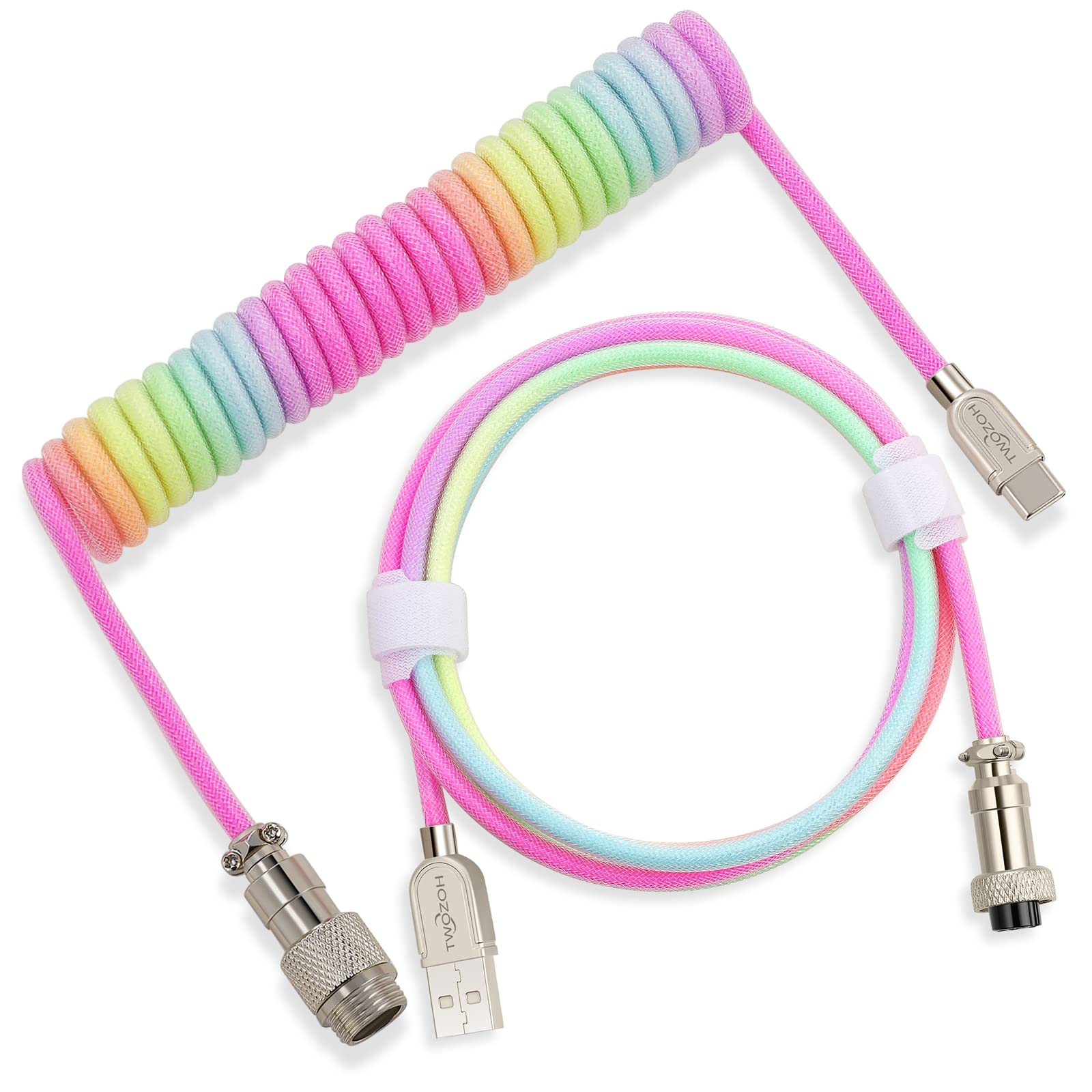 Twozoh USB C Mechanical Keyboard Coiled Cable, Braided Double Sleeved Type C Keyboard Detachable Aviator Cable (Rainbow)