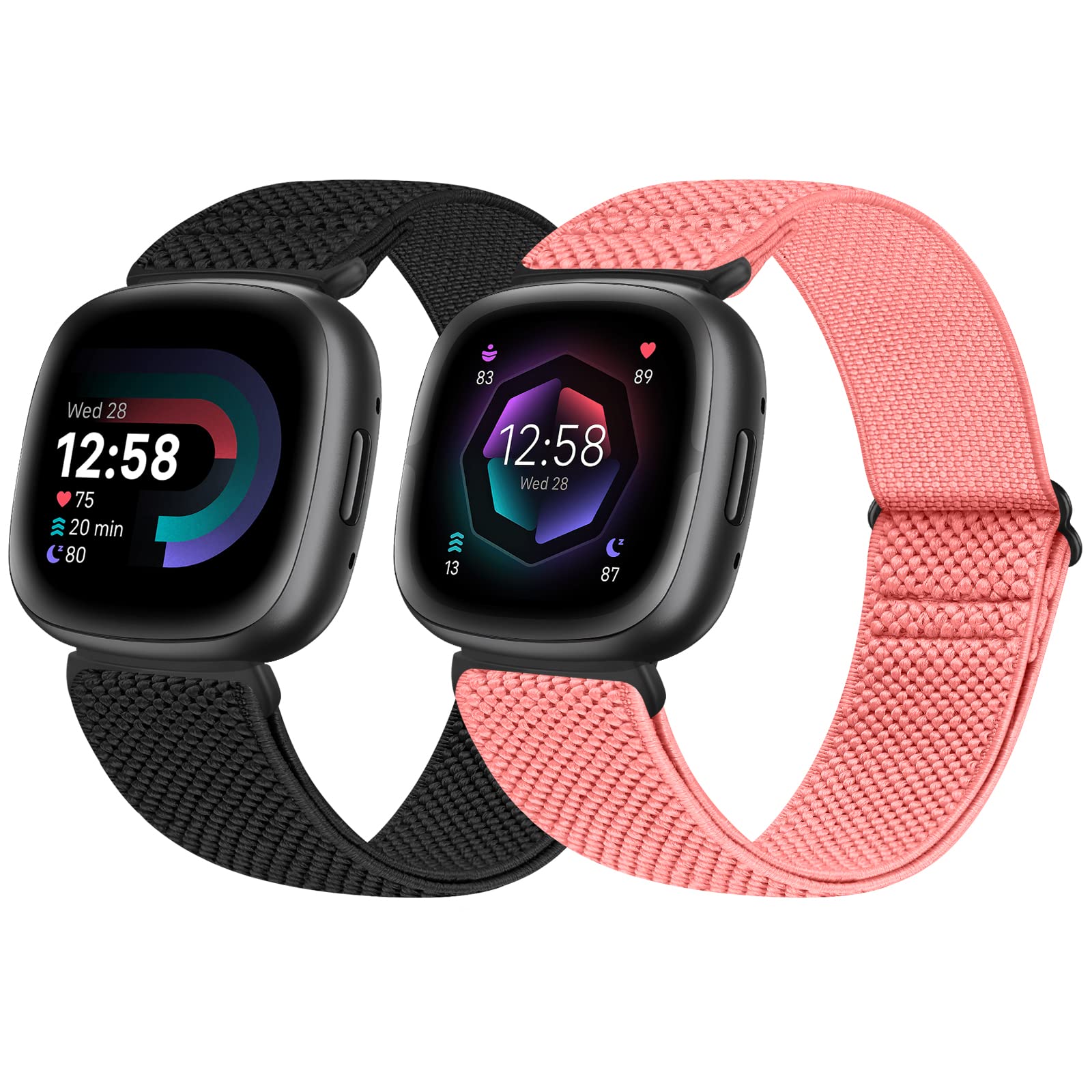 enkic 2 Pack Elastic Watch Strap Compatible w/ Fitbit Versa 4/Fitbit Versa 3/Fitbit Sense 2/Fitbit Sense, Adjustable Nylon Loop Sport Strap, Stretchy Replacement Wristband Men Women, Black+Pink